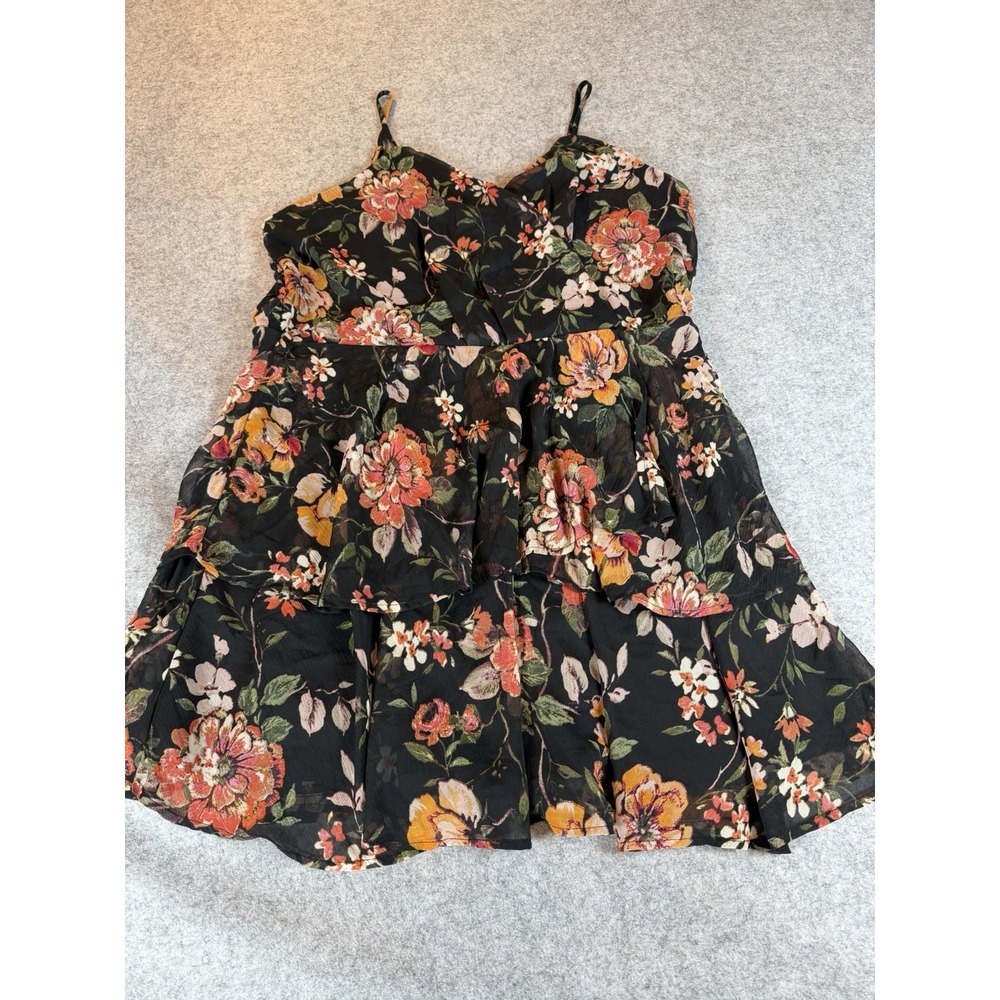 Maurices Womens Mini Dress 1X Black Floral NWT Chiffon Ruffled Tiered Strappy